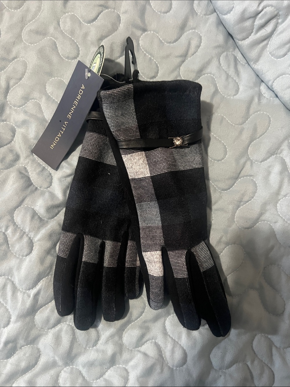 Adrienne Vittadini Black & Gray Plaid Knit Gloves with Decorative Strap